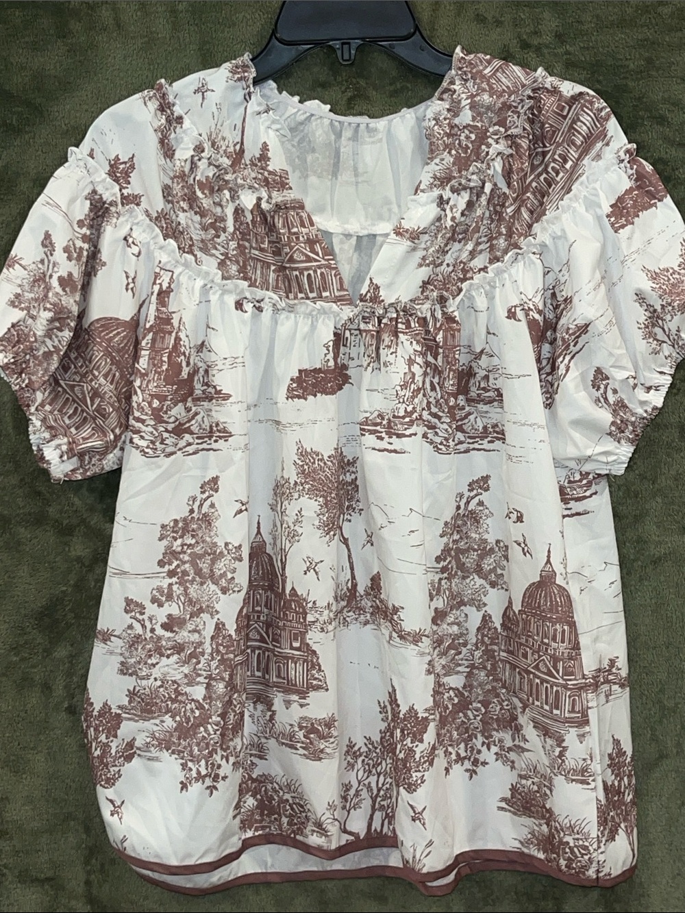 Women's White Toile Peasant Top with Brown Print